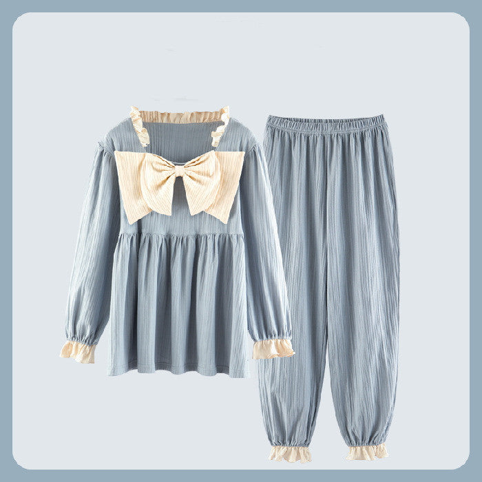 Sweet Ruffled Long Sleeve Pajama Set with Bow Detail Palace Pajamas Women Spring And Autumn Korean Style Cotton Long Sleeves