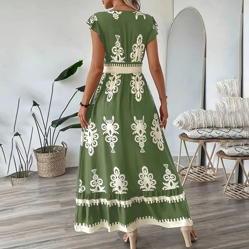 Summer Flowy Maxi Dress Casual Cap Sleeve V Neck Smocked Waist Beach Sundress