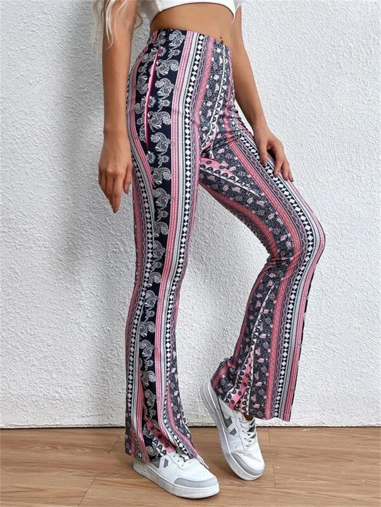 Boho Vibe Flare Pants – Retro Printed Stretch Trousers Loose Running Leisure Wide Leg Pants