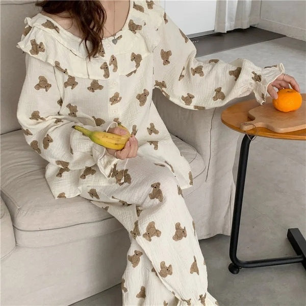 Flutter Dreams Pajama Set – Soft Ruffles & Cozy Charm Long Sleeved Pants Home Suit For Women