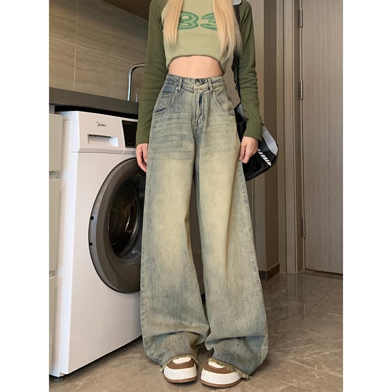 Washed Daze – Grunge-Dyed Wide Leg Denim Retro Blue Distressed Wide-leg Jeans For Women
