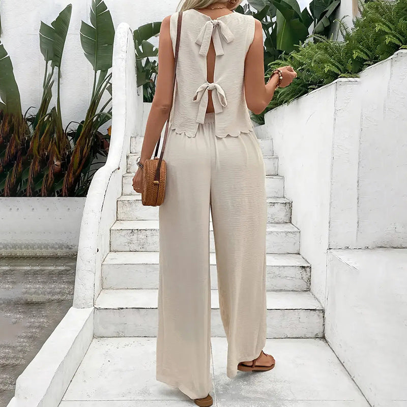 Elegant 2-Piece Matching Set, Sleeveless Crop Top And Wide Leg Pants Outfits