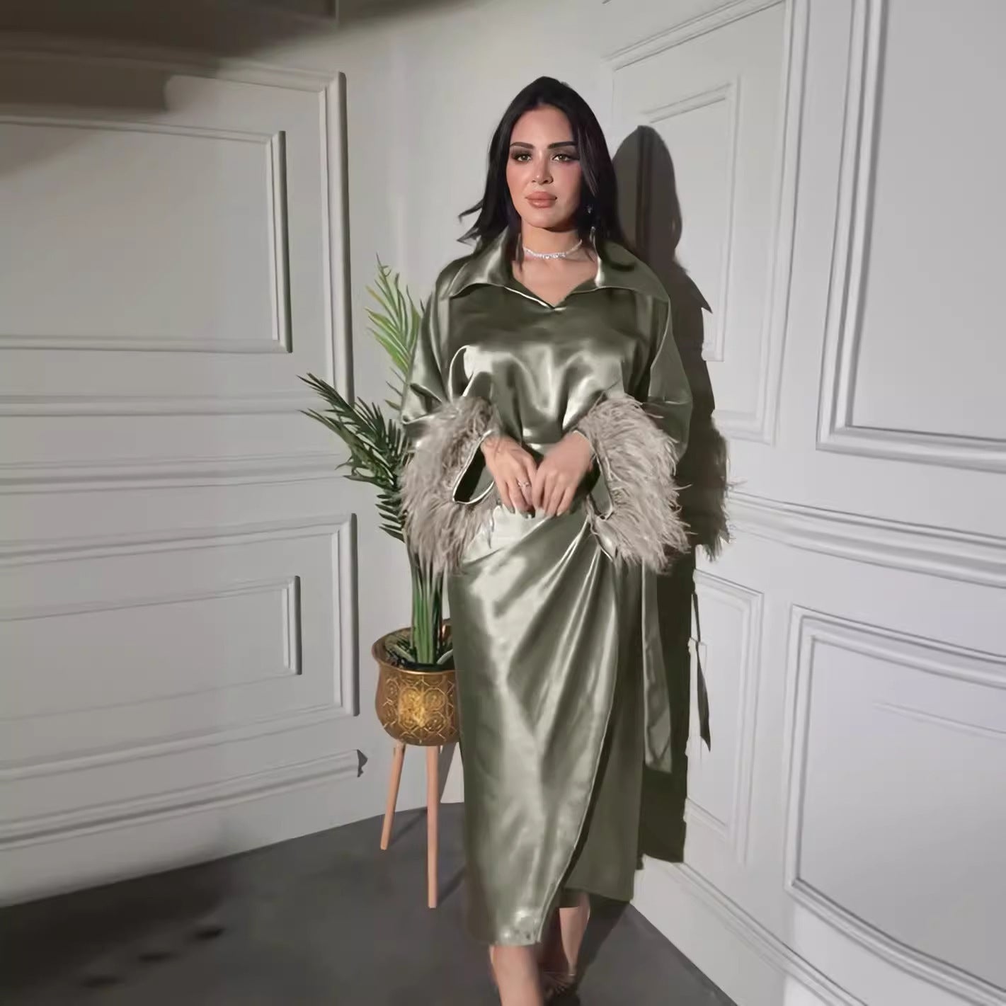 Luxurious Satin Dolman Sleeve Dress with Faux Feather Detail Muslim Feather Everyday Dress
