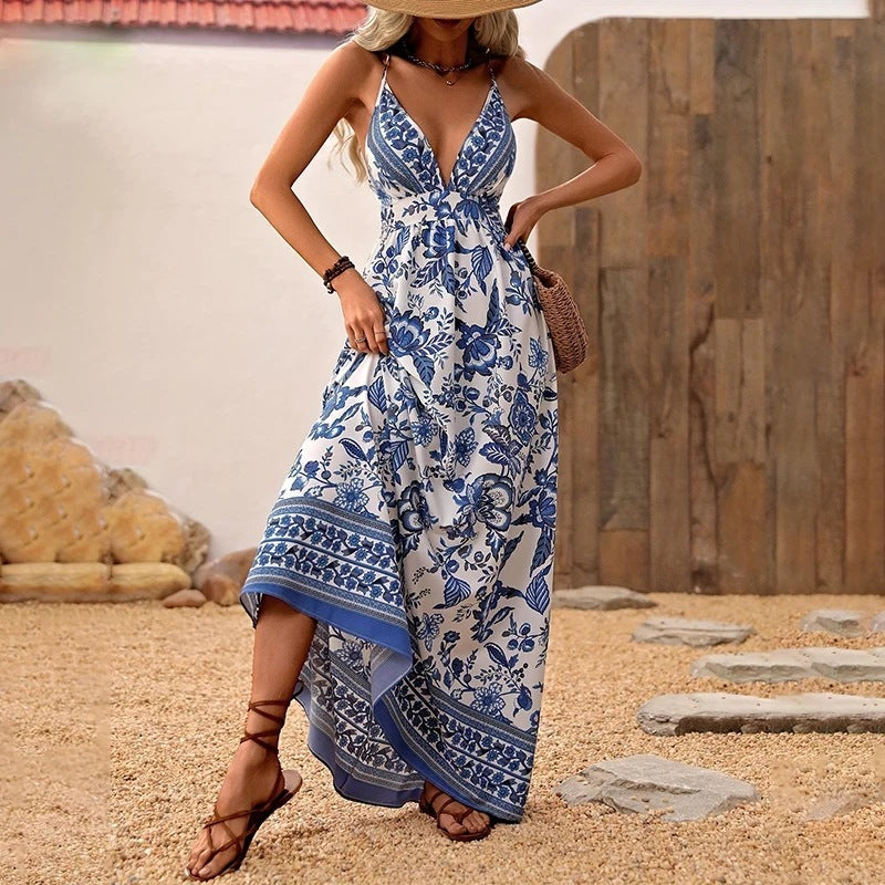 V-Neck Strappy Floral Print Backless Maxi Dress, A-Line Summer Vacation Dress