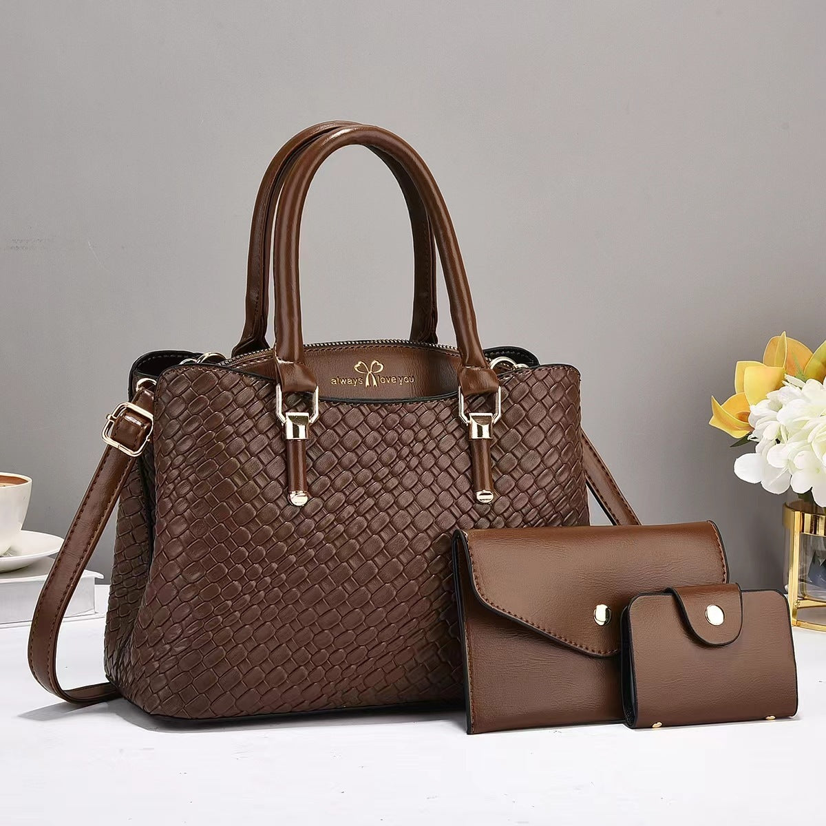Versatile Everyday Commuter Bag with Crossbody Strap Woven Texture Three-piece Set Large Capacity One Shoulder Combination Bags