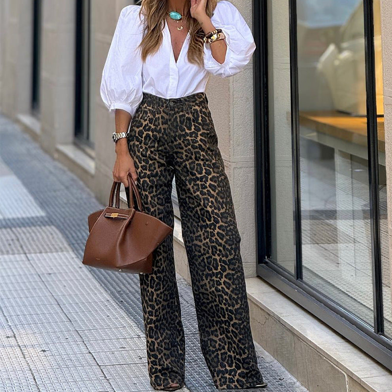 Fashion Temperament Leopard Print Straight Casual Trousers For Women's