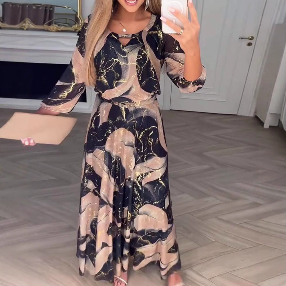 Temperament Elegant Cropped Sleeves Printed Waist-controlled Dress