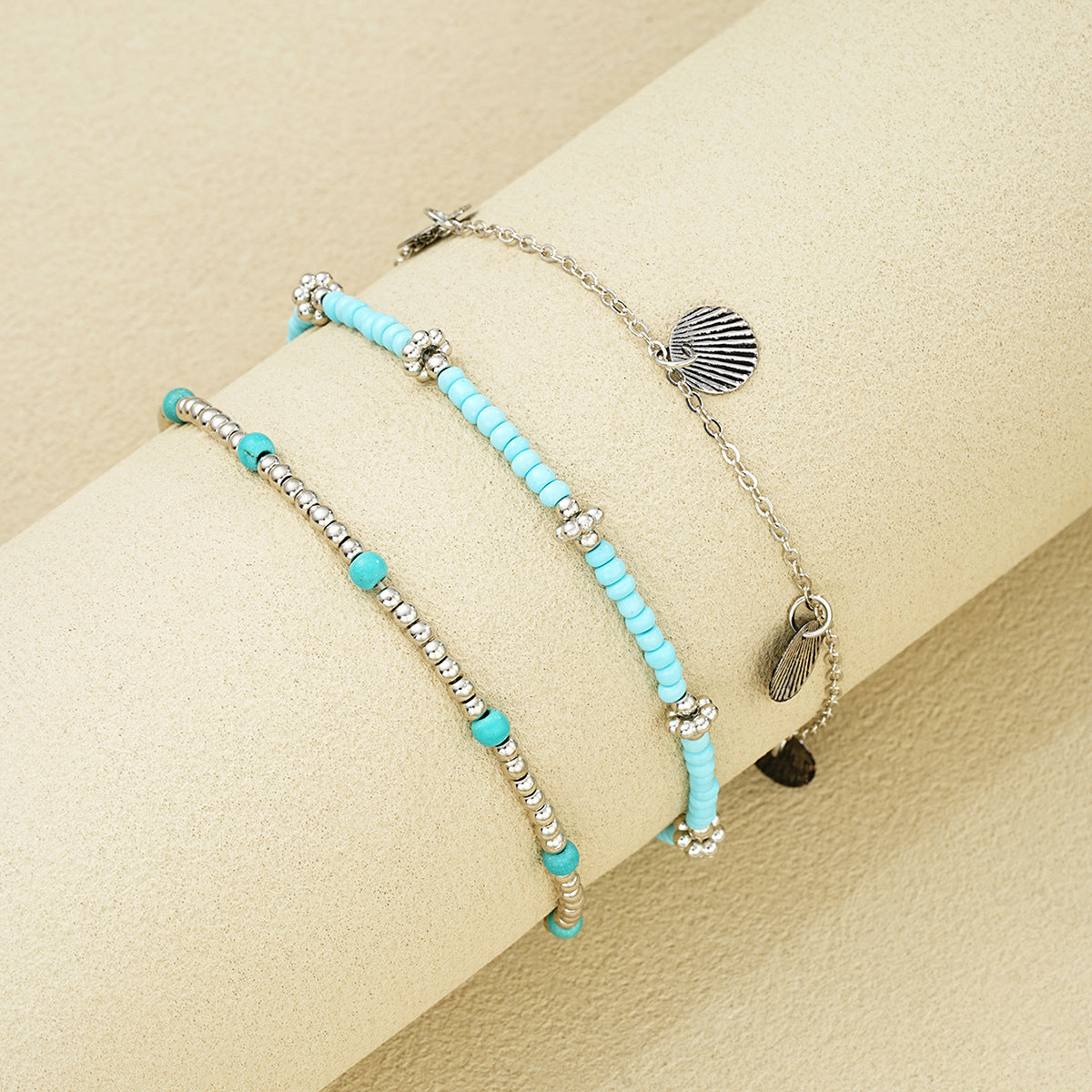 Boho Layered Turquoise Bead Anklet Set with Charms Shell Bead Anklet Set Three-piece Set