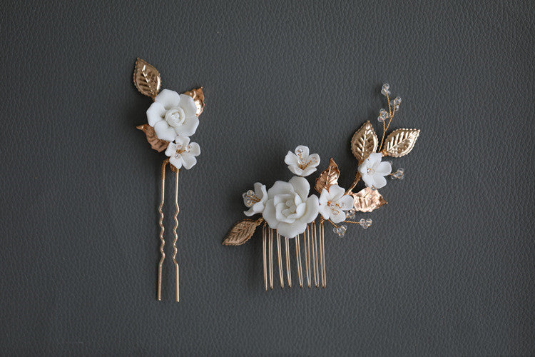 Delicate Porcelain Flower Wedding Hair Accessories Handmade Beaded Ceramic Flower Hair Accessories