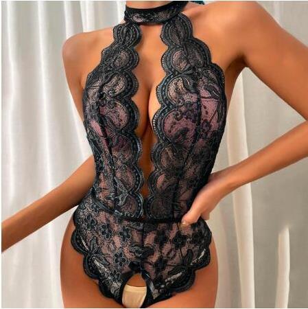 Sexy Black Sheer Lace Halter Neck Bodysuit Women's Fashion Simple Solid Color Lace Jumpsuit