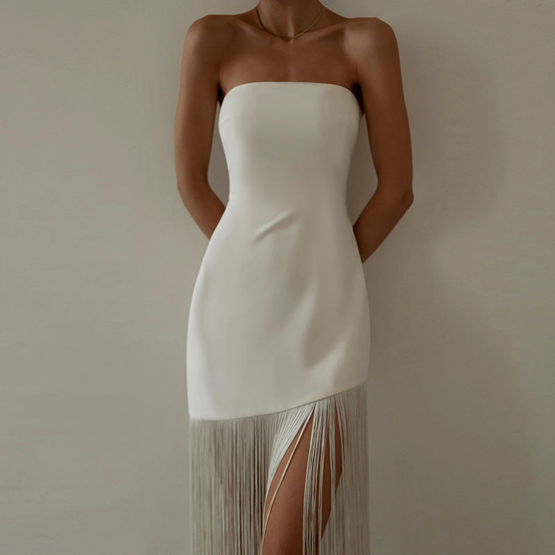 American Sexy Tube Top Split Bodycon Tassel Dress