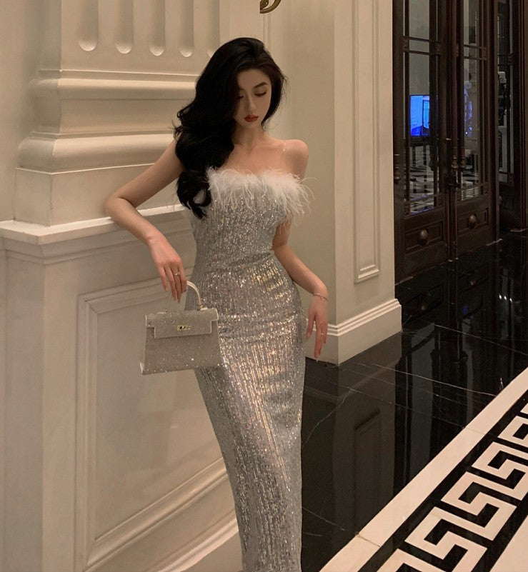 High-class Feather Stitching Sequin Bodycon Dress For Women's