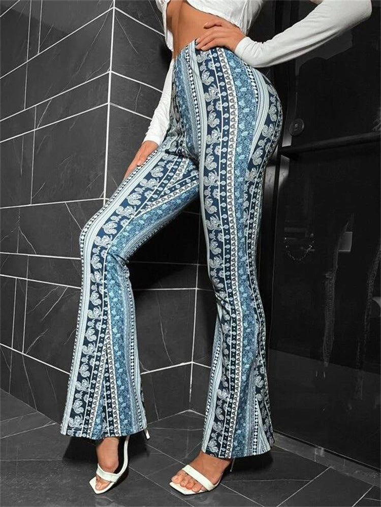 Boho Vibe Flare Pants – Retro Printed Stretch Trousers Loose Running Leisure Wide Leg Pants