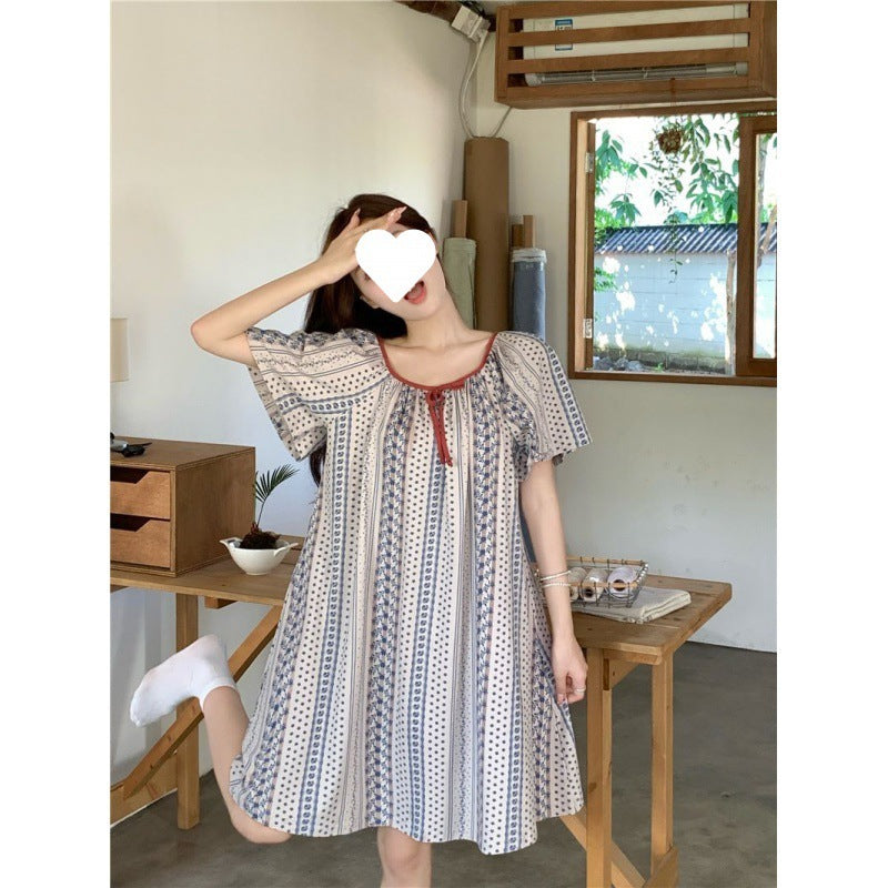 Comfy Boho Print Short Sleeve Nightgown / Lounge Dress Girly Style Night Dress Summer Ins