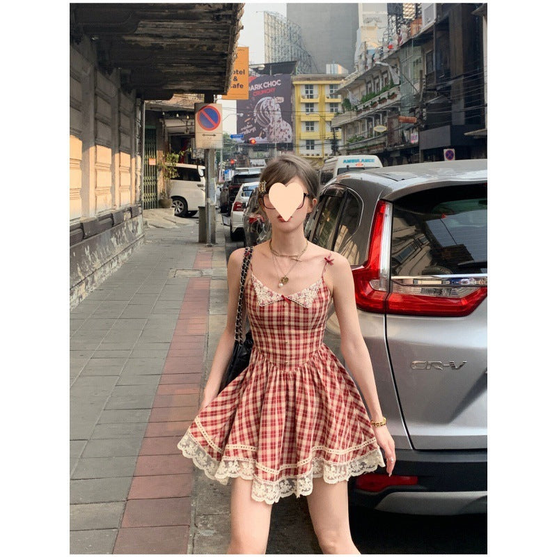 Slim Fit Sweet Plaid Slip Dress For Women's