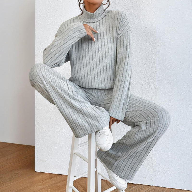 Solid Color 2-Piece Set High Neck Long Sleeve Top & Pants, Striped Loungewear