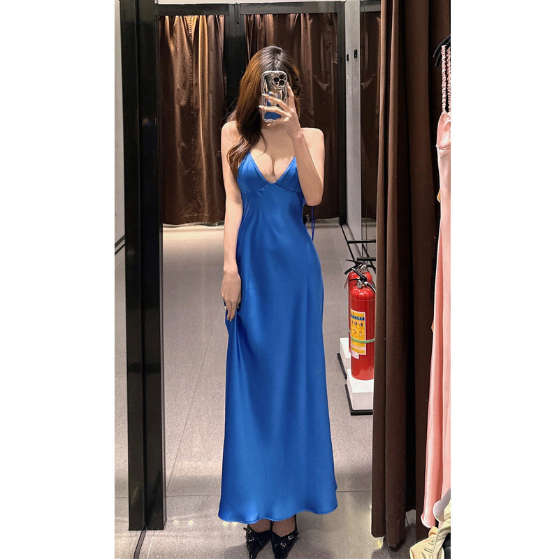 Blue French Silky Satin Bodycon Halter Spaghetti Straps Dress