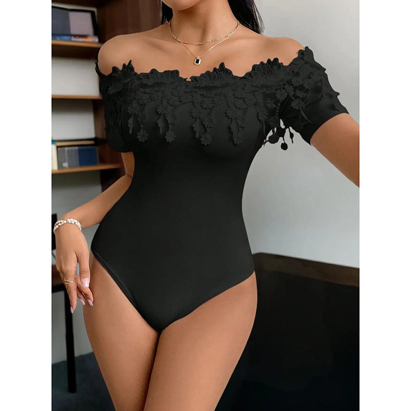 Sexy Ruffled Lace Detail Off-Shoulder One Piece Women's Off Shoulder Short Sleeve Bodysuit Sexy Lace Bodycon Top