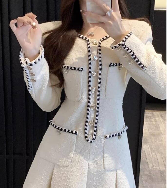 Chic Pleated Skirt Detail Long Sleeve Dress Women's French-style Tweed Dress
