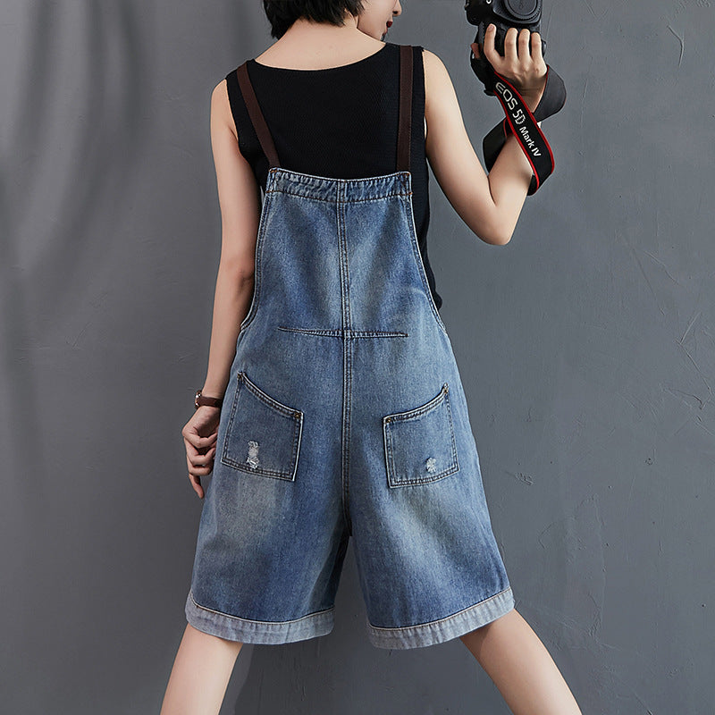 Retro Loose Denim Overalls Shorts For Women's