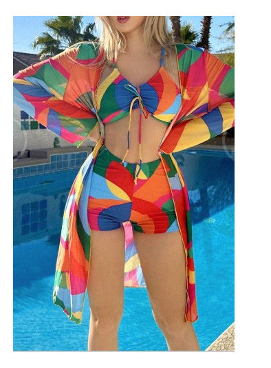 Boho Breeze 3-Piece Beach Set – Crop Top, High-Waist Shorts & Flowy Cover-Up Bikini With Long Sleeve Cardigan Fashion Summer Beach Swimsuit Women