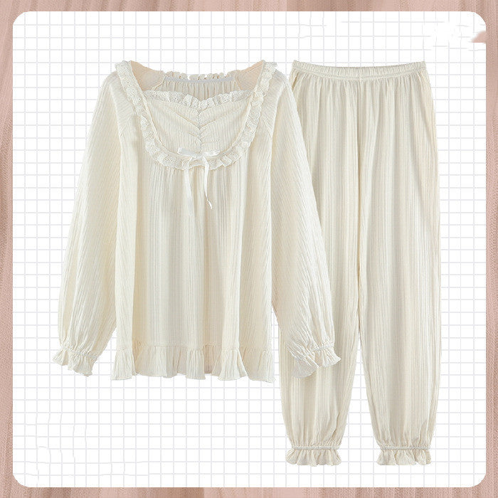 Sweet Ruffled Long Sleeve Pajama Set with Bow Detail Palace Pajamas Women Spring And Autumn Korean Style Cotton Long Sleeves