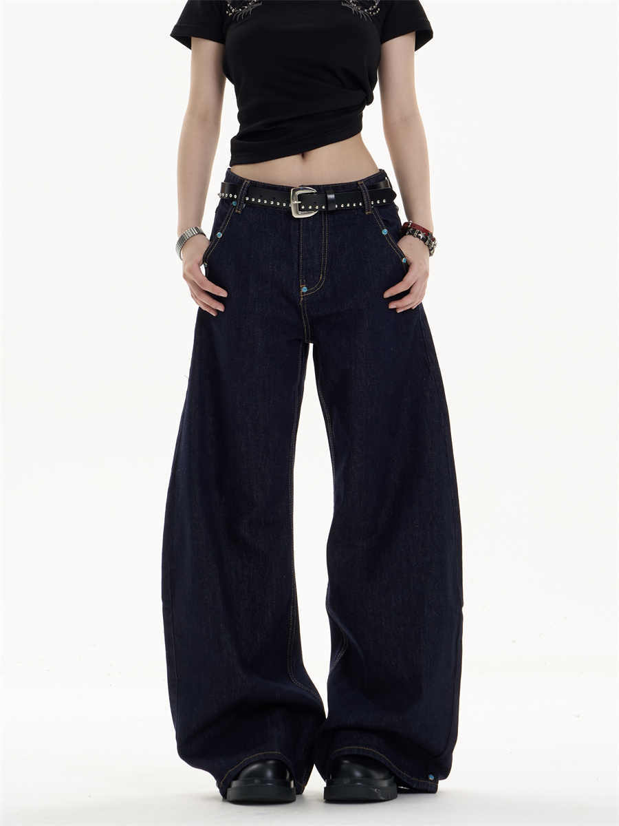 Retro Dark Blue Jeans Loose Straight Casual Wide-leg Pants