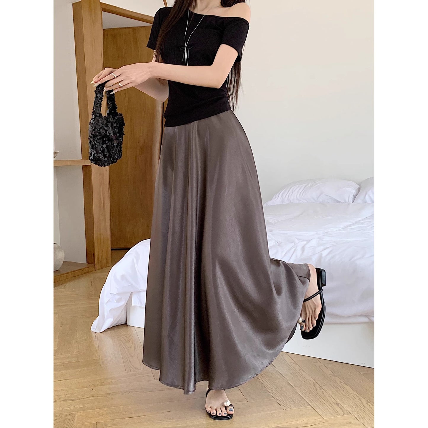 Casual All-match Acetate Satin Draped Solid Skirt