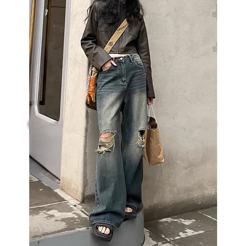 Distressed Vintage Wide-Leg Jeans – Effortless Streetwear Cool Retro Washed Ripped Jeans For Women