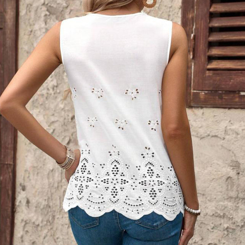 Embroidered Eyelet Tops Notched Neck Sleeveless Lace Trim Blouses Shirts