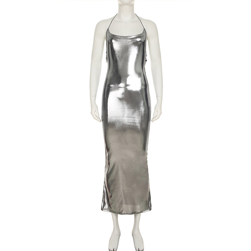 Sexy Liquid Large Backless Shiny Suspender Dress