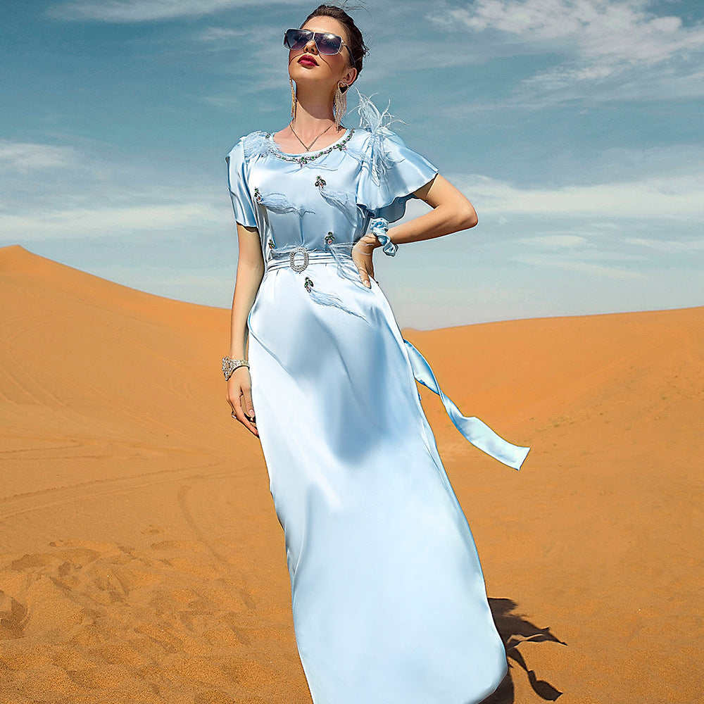 Elegant Light Blue Satin Maxi Dress with Floral Embellishments – Summer Collection Fashion Satin Ruffled Feather Dress