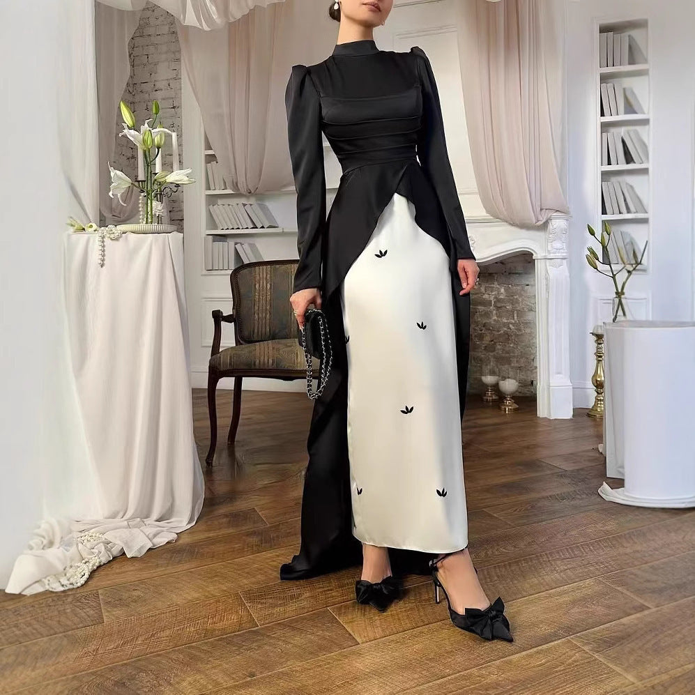 Pleated Stitching Contrast Color Long Sleeves Dress