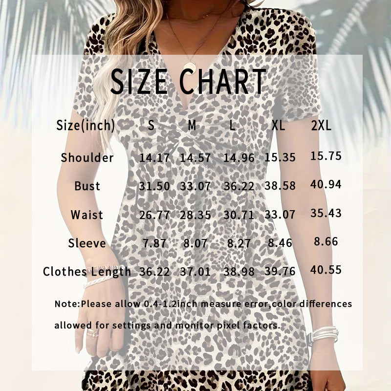 Vibrant Leopard Print Twist Front V Neck Casual Summer Short Sleeve Bodycon Mini Dresses
