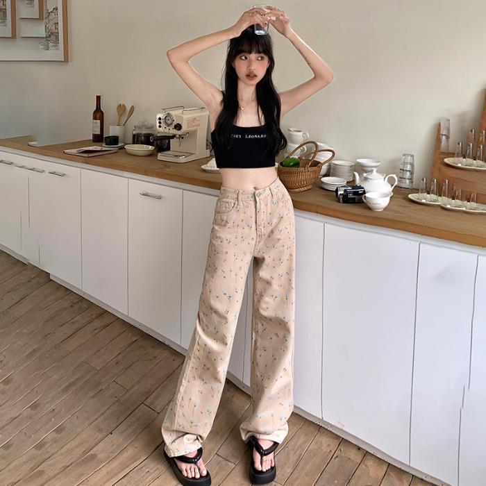Beige Eyelet Embroidered Wide Leg Pants – Soft Vintage Aesthetic Streetwear Retro Loose Wide-leg Pants Straight Jeans For Women