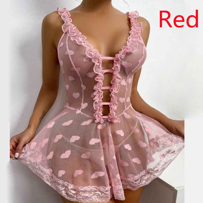 Sheer Lace Baby doll Dress - Deep V-Neck Lingerie with Ruffles Perspective Black Lace Mini Skirt Erotic Lingerie