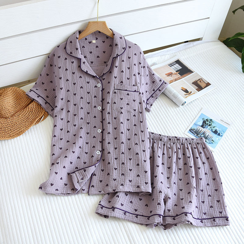 Cute Heart Print / Polka Dot Short Sleeve Pajama Set Double Layer Gauze Home Pajamas