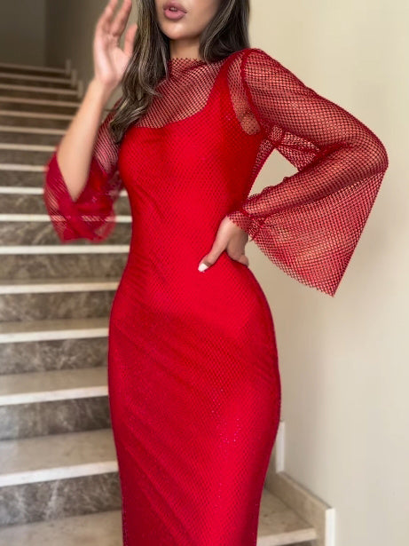 Sexy Red Mesh Long-sleeved Two-piece Maxi Bodycon Dress For Women's