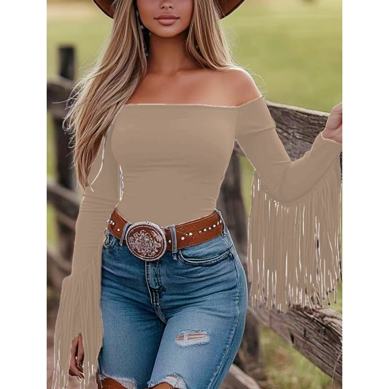 Western Cowgirl Off-Shoulder Fringe Top, Sexy Slim Fitted Long Sleeve Tassel Blouse