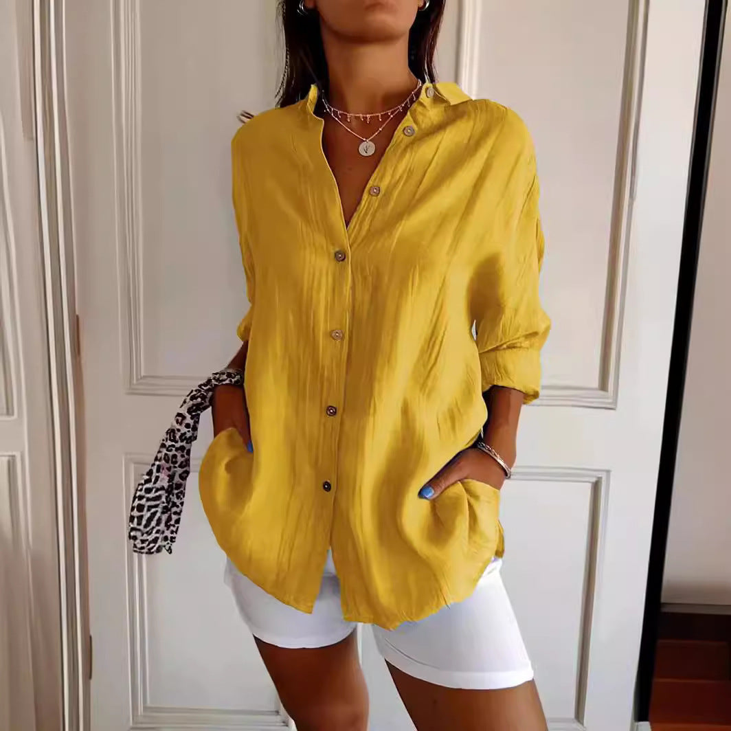 Lapel Long Sleeve Shirt Single-breasted Pleated Shirt For Women's