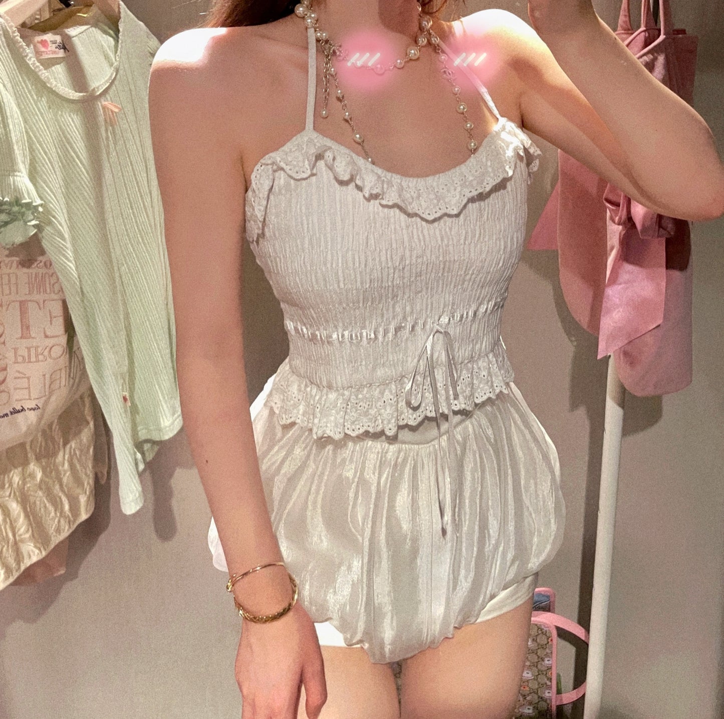 Camisole Women's Summer Wear Early Autumn White Slim Short Style Lace Halterneck Top
