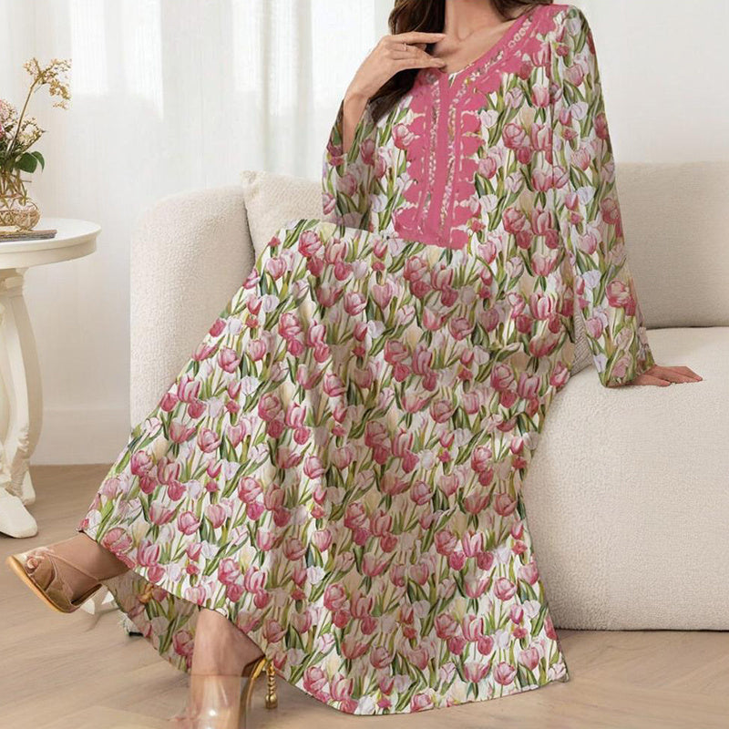 Elegant Pink Floral Print Maxi Dress Vacation Style Long Sleeve A-line Flowy Dress