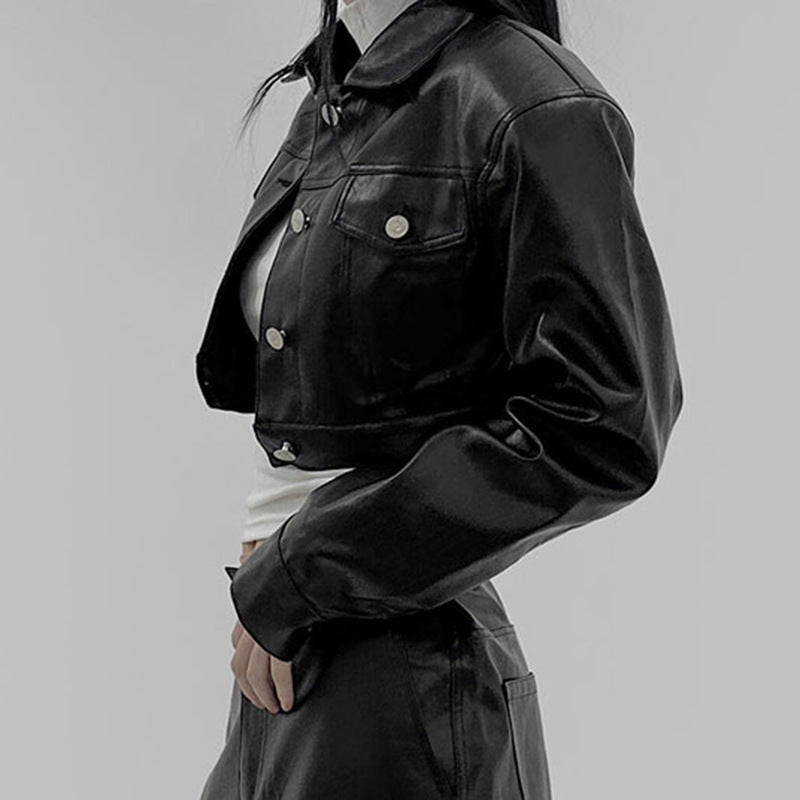 Black Long Sleeve Autumn Hot Girl All-matching Biker's Leather Jacket Women