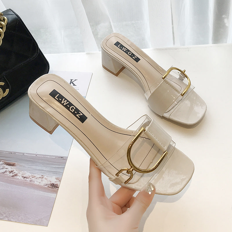 Gloss Buckle Block Heels – Polished & Poised Thick Heel High Heel Slippers Women Flip Flops Women Transparent Slippers