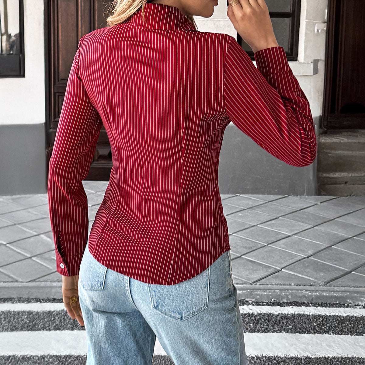Holiday Casual Style Polo Collar Stripes Shirt Women's Clothing