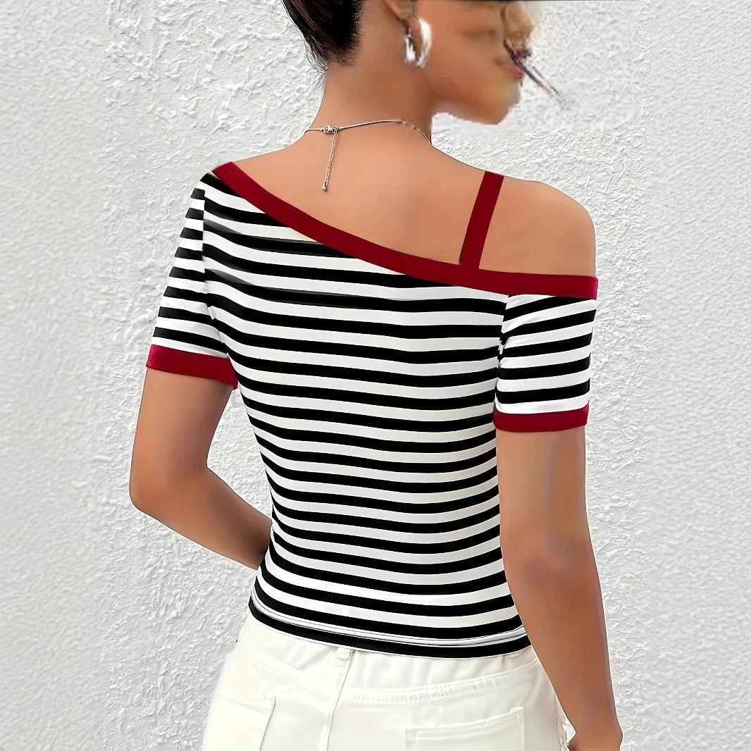 Summer New Contrasting Color Slanted Shoulder Short Sleeved Striped Top