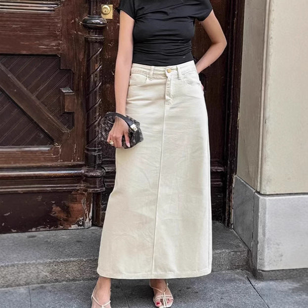 High Waist Slit Workwear Denim Skirt Women's Clothing