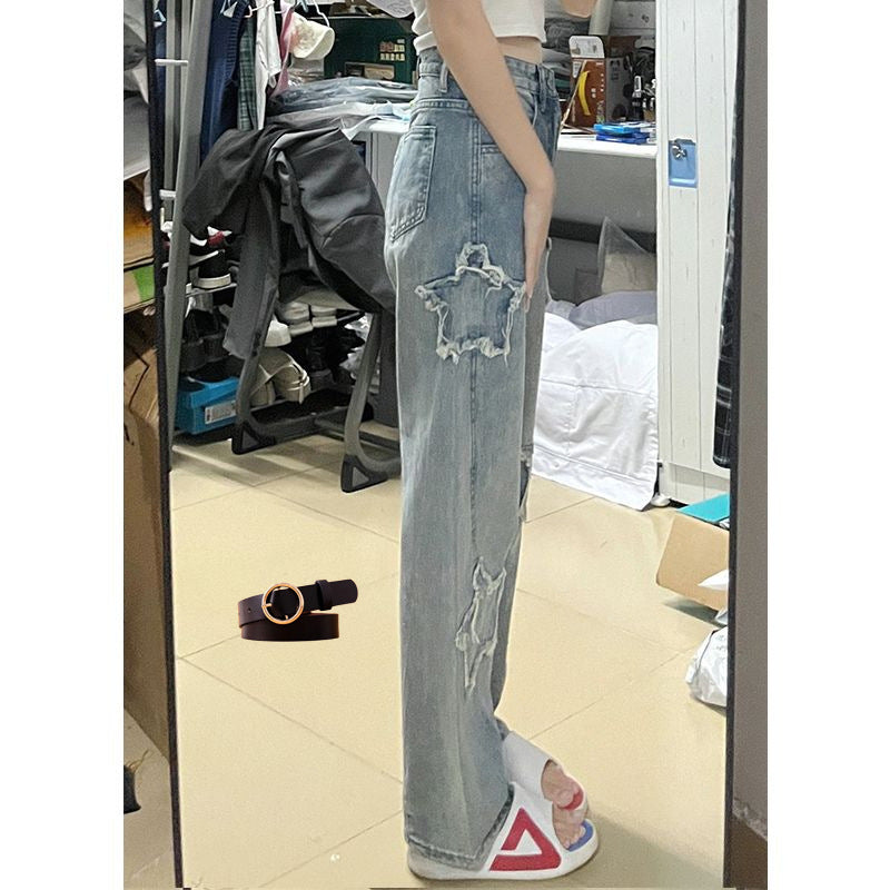 Distressed Star Patch Jeans – Urban Grunge Denim Statement Blue XINGX Embroidered Jeans Women Loose Straight-leg Wide-leg Pants