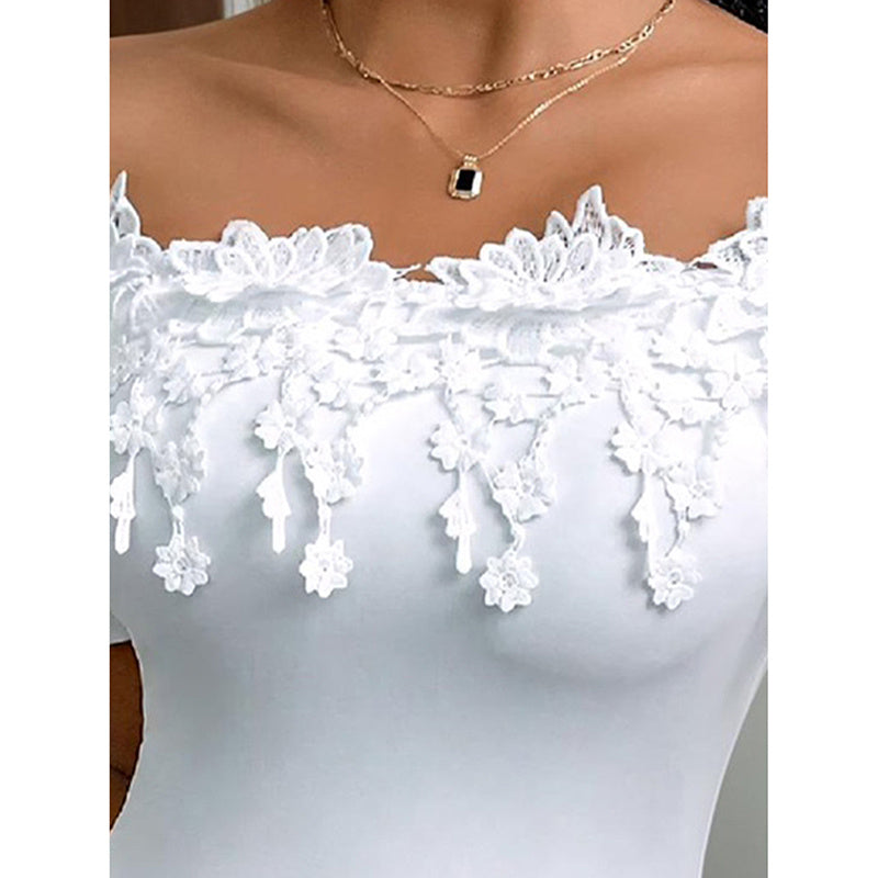 Sexy Ruffled Lace Detail Off-Shoulder One Piece Women's Off Shoulder Short Sleeve Bodysuit Sexy Lace Bodycon Top