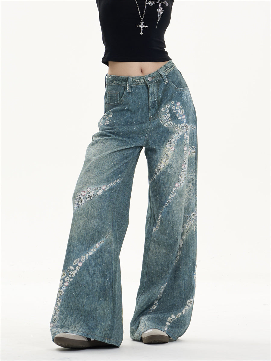 Retro Bowknot Printed Jeans Loose Wide-leg Pants